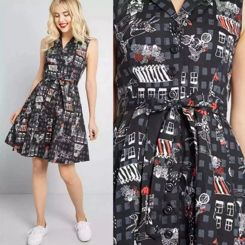 😍 ModCloth Black L Community Brunch Shirt Dress Worn 1X Afternoon in Paris Dog - Picture 2 of 6